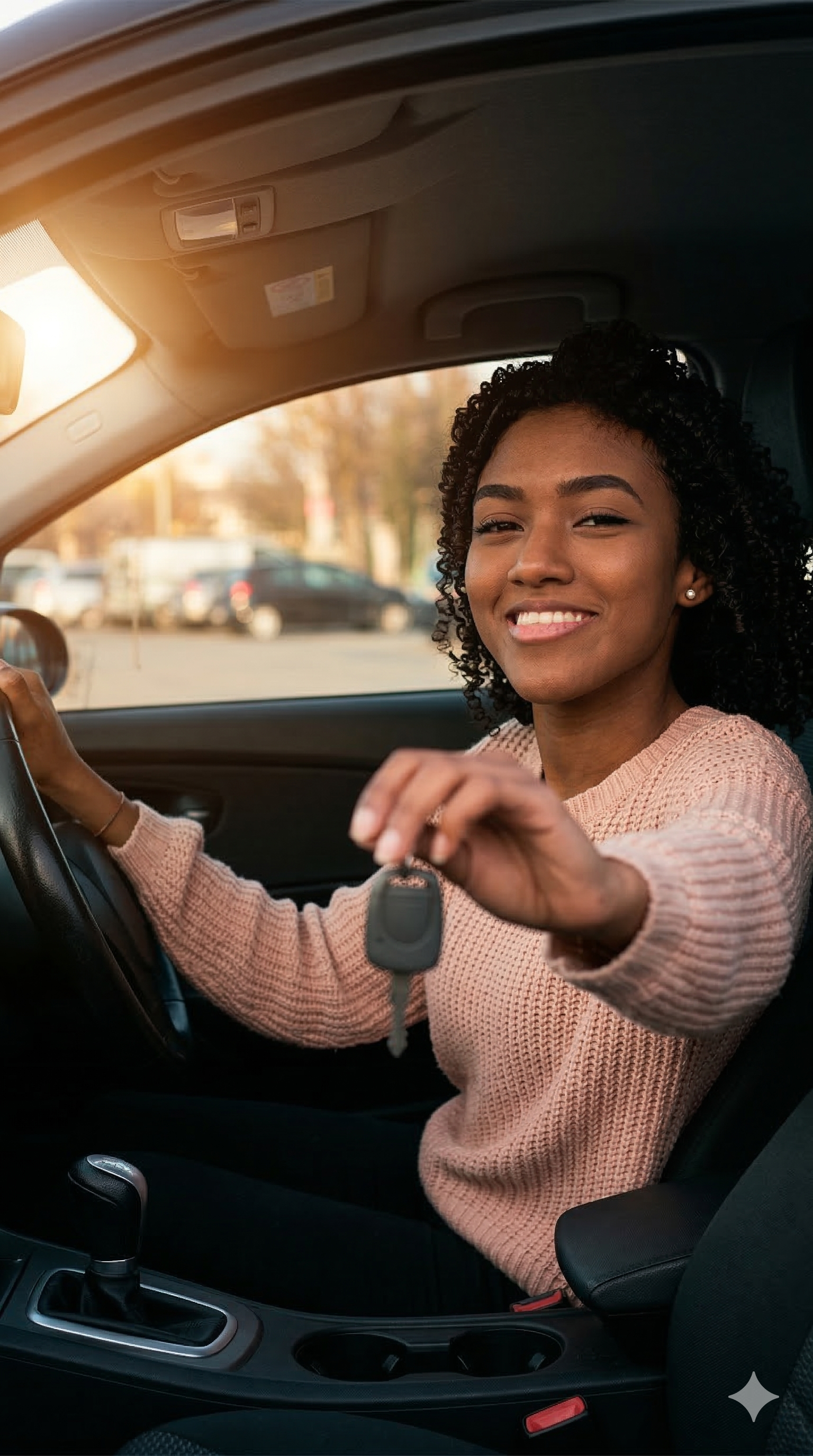 Mulher sorrindo segurando chave do carro